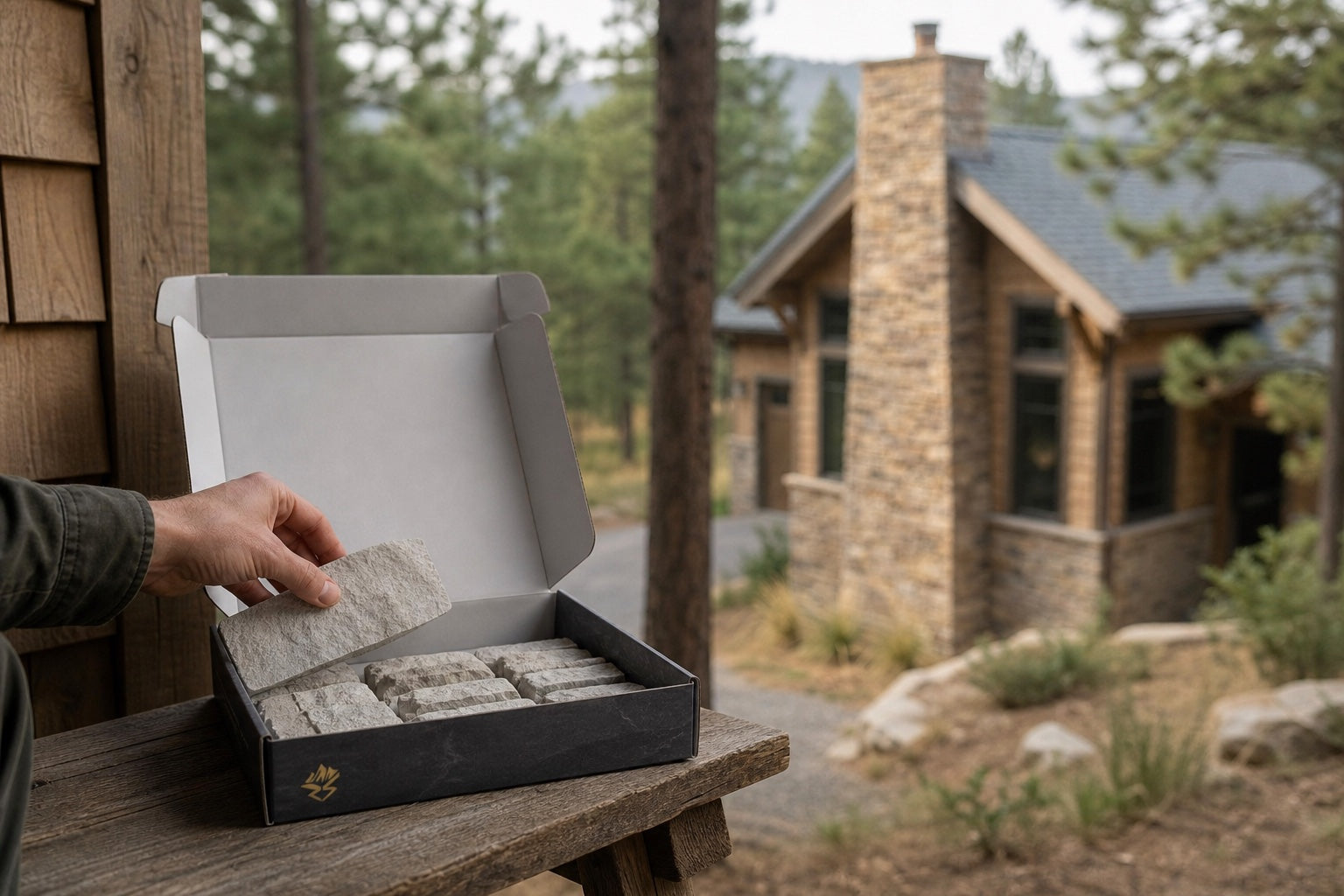 Homeowner lifting a stone sample from an open kit