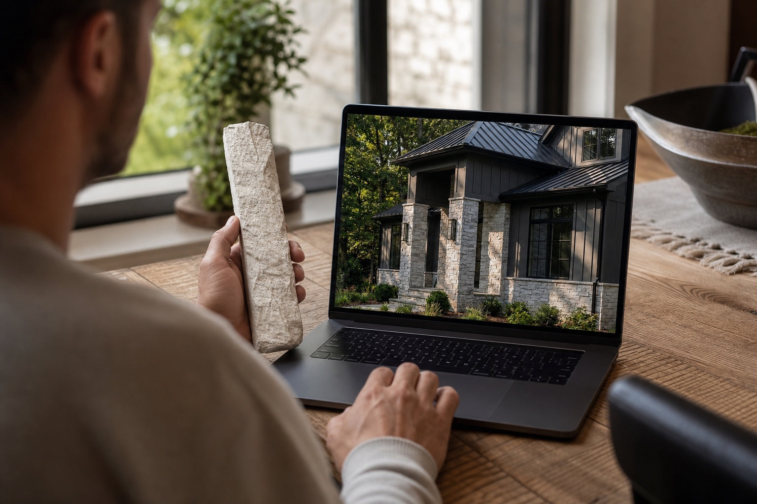 Homeowner reviewing a whole-house stone view on a laptop