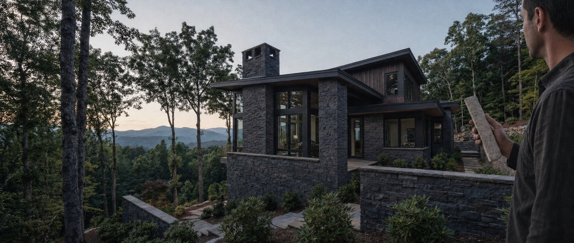 Homeowner holding a RockSolid stone sample in front of a finished home