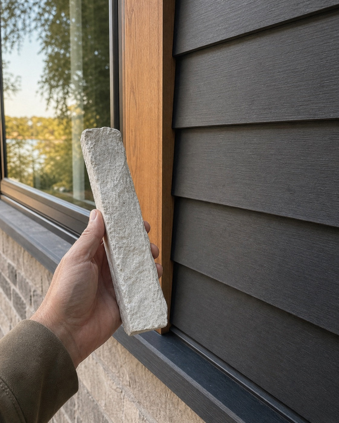 Homeowner holding a pale stone sample beside charcoal siding and warm wood trim