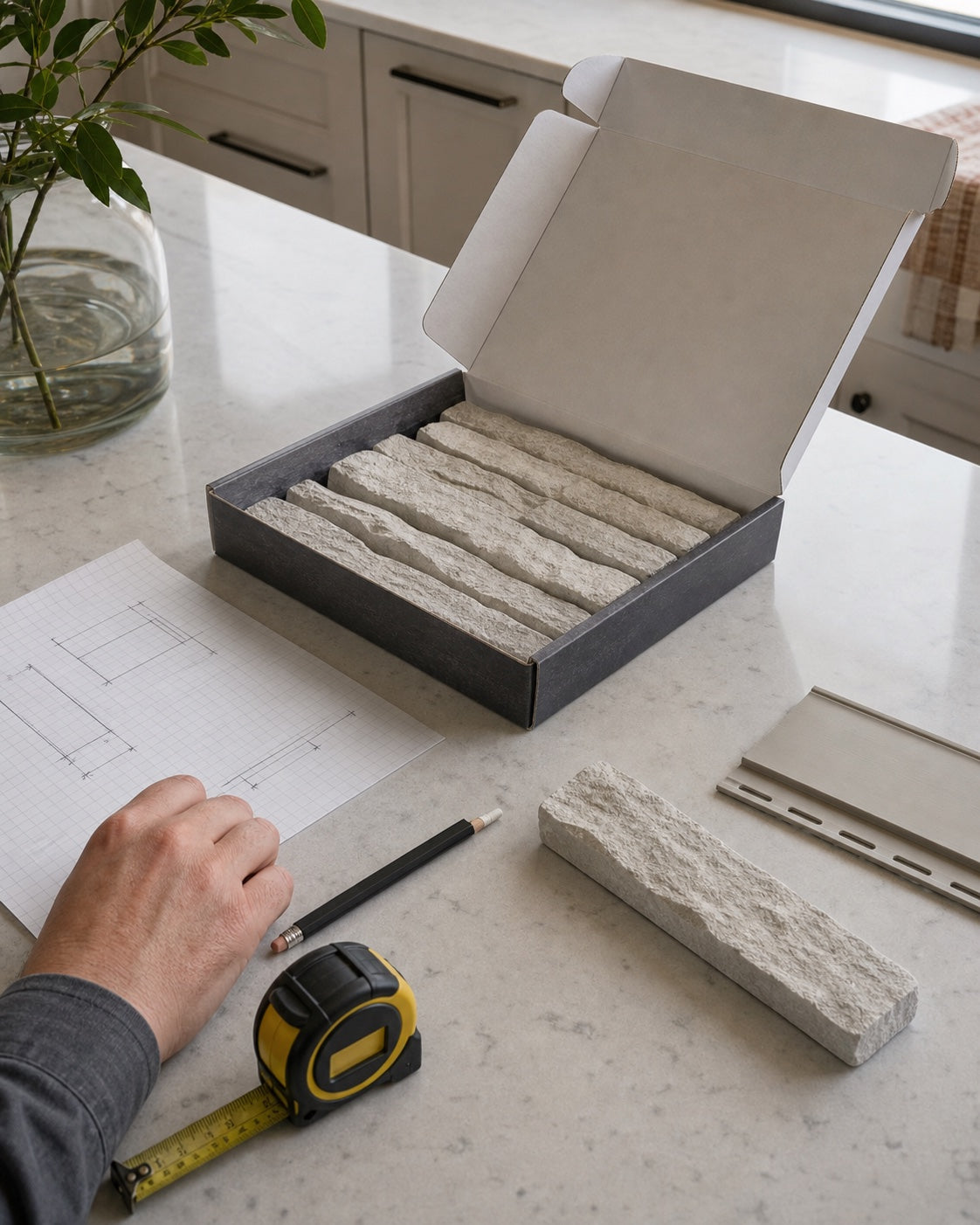 Stone sample kit beside a tape measure and wall sketch