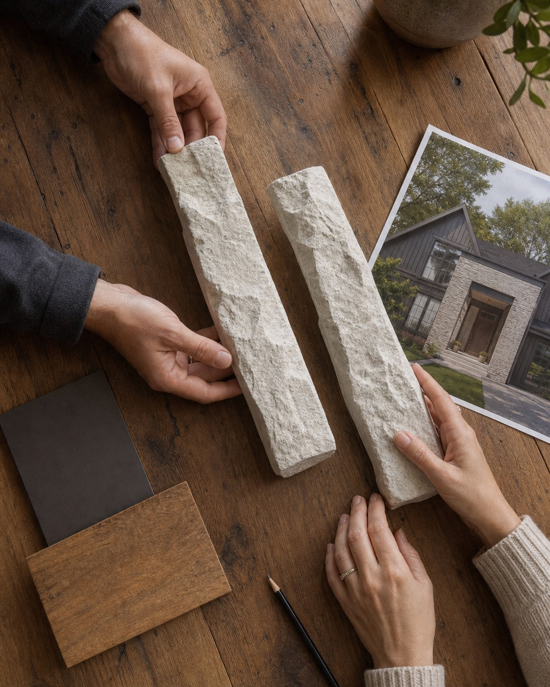 Homeowners comparing stone samples with house materials