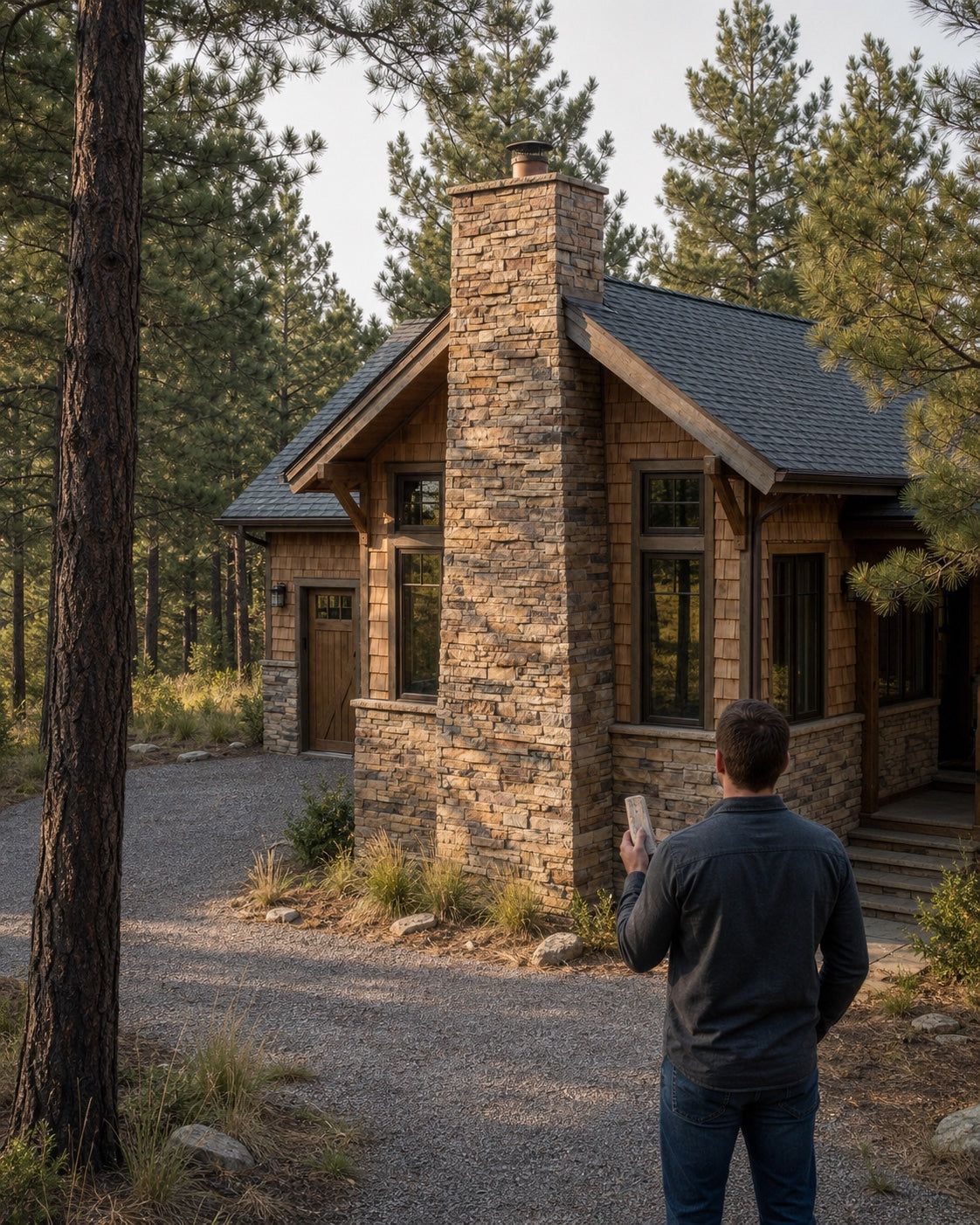 Homeowner comparing a stone sample with the whole finished house