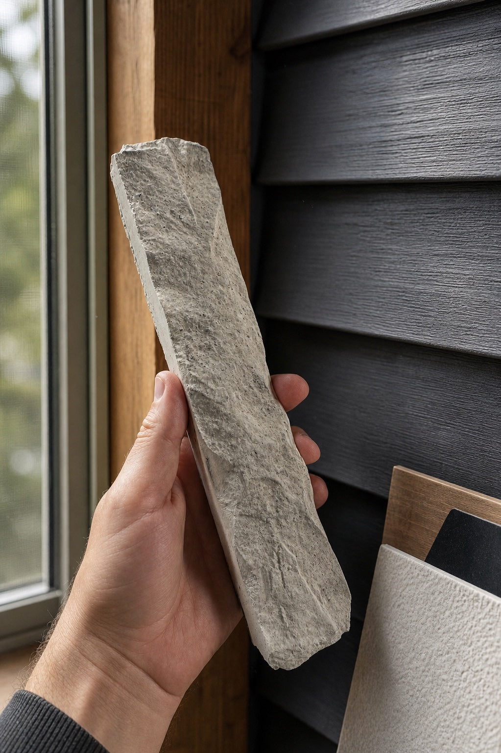 Homeowner comparing a pale RockSolid stone sample beside siding and wood trim in daylight
